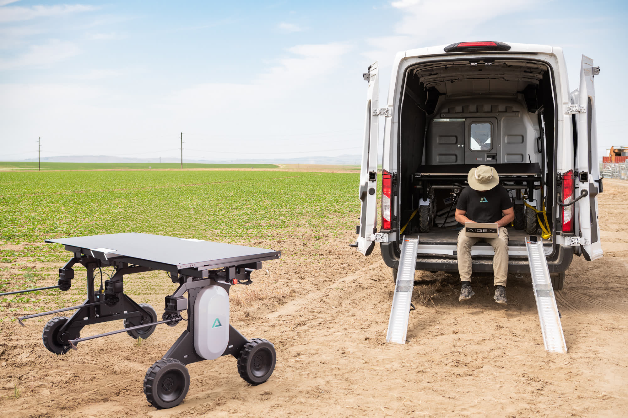 An Aigen Element robot working autonomously between crop rows